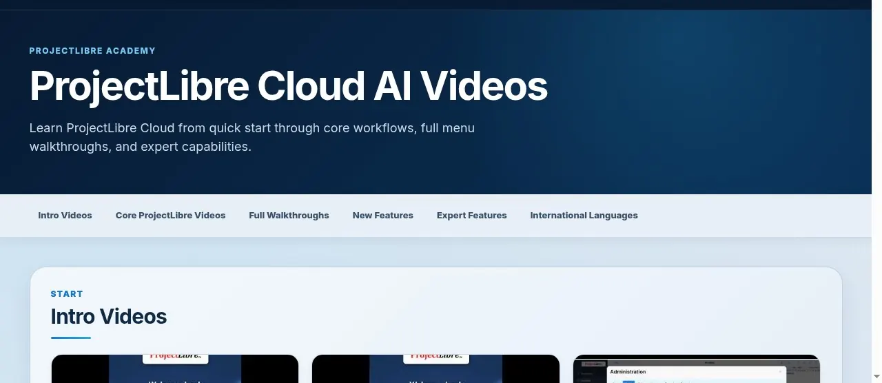 Preview of the ProjectLibre Cloud AI Videos page