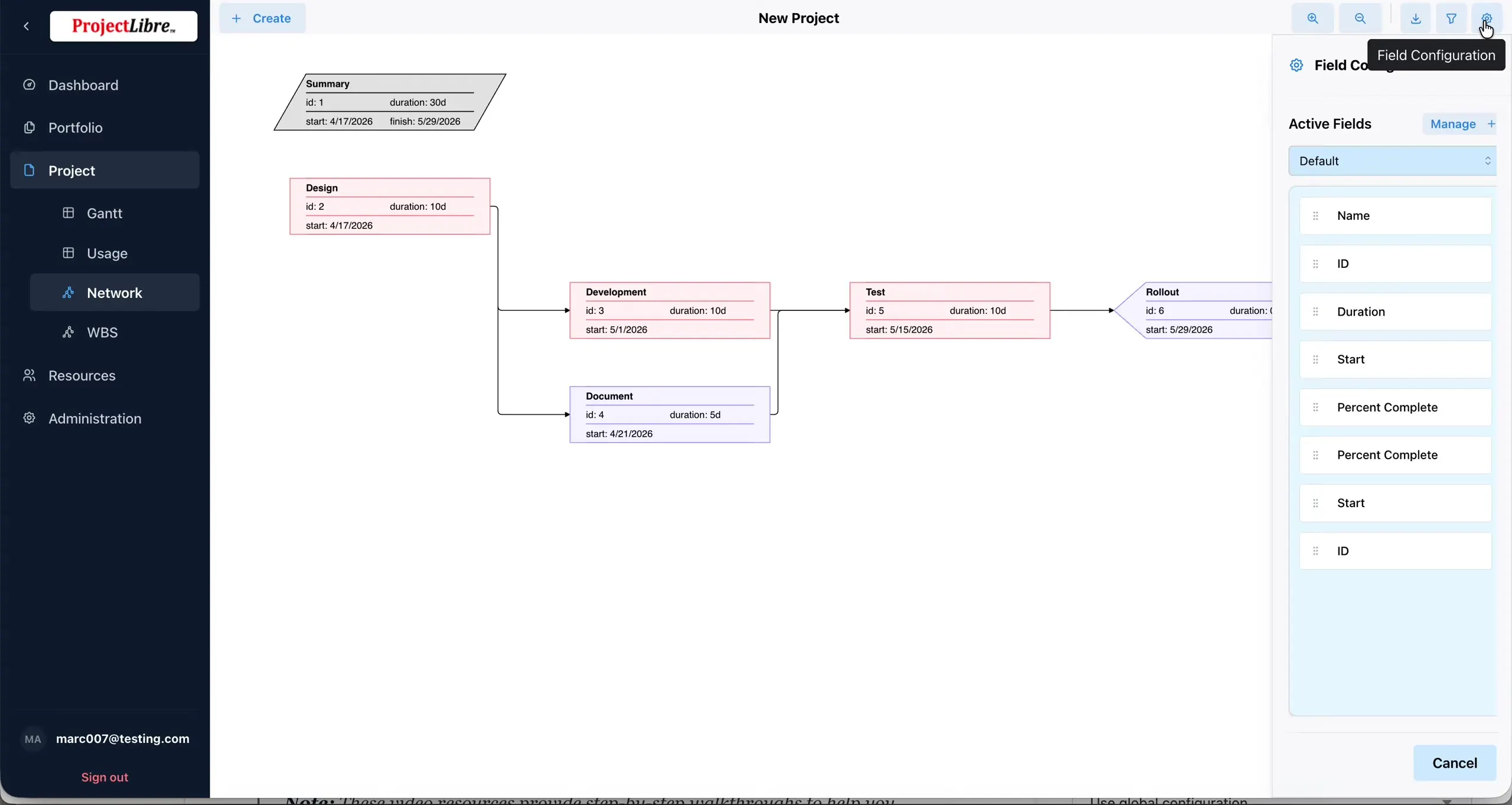Field Configuration panel for Network node fields
