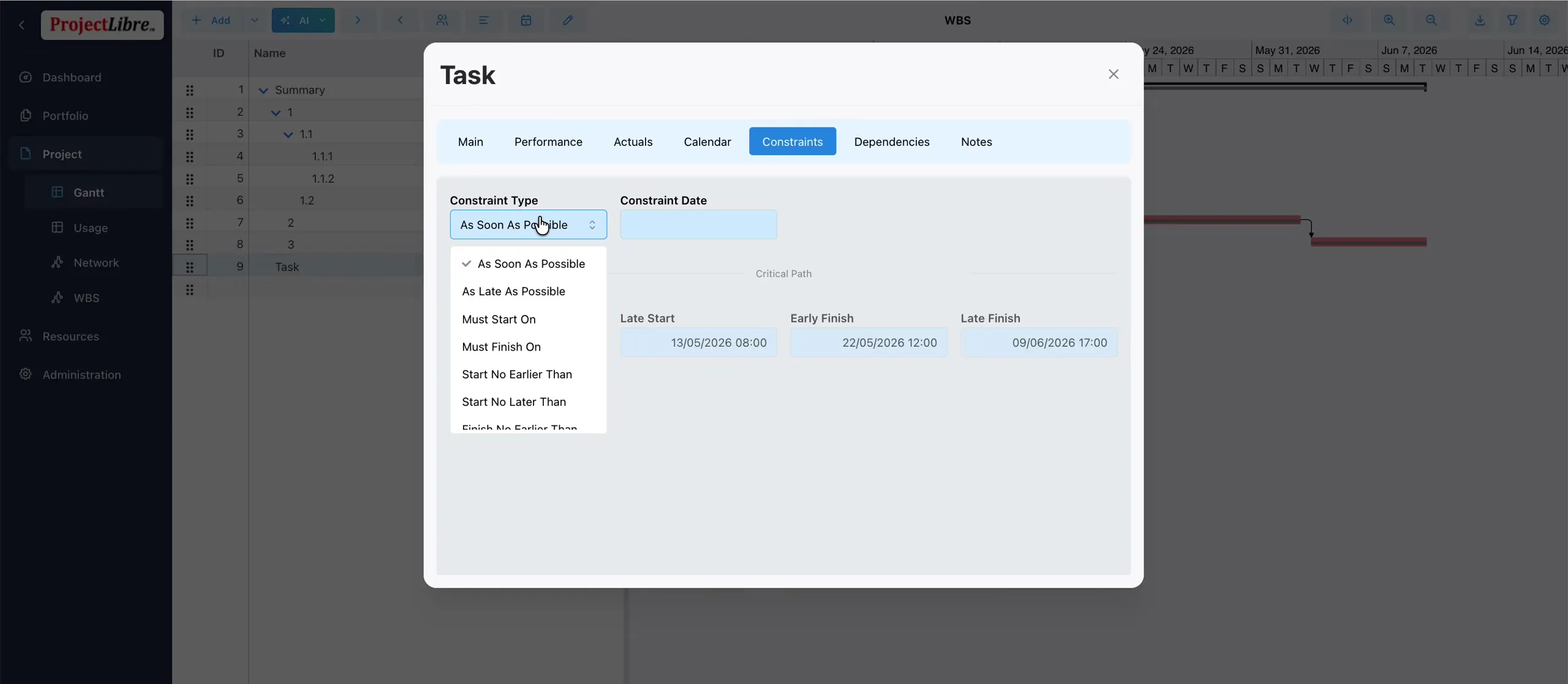 Task Constraints tab with constraint type dropdown open