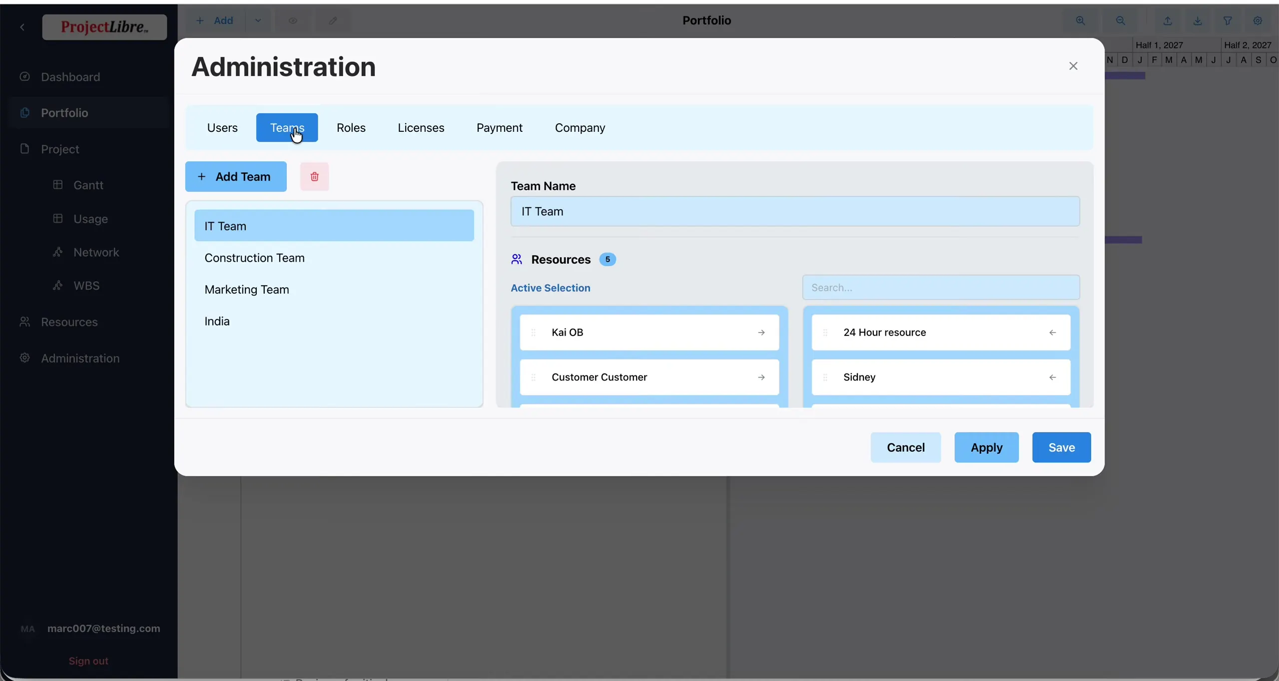 Teams tab IT Team with Resources dual-list