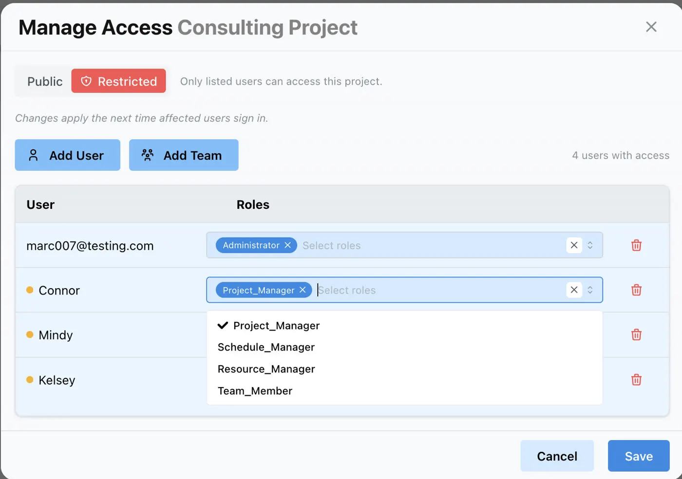 Manage Access — Public/Restricted, Add User/Add Team, per-user project roles