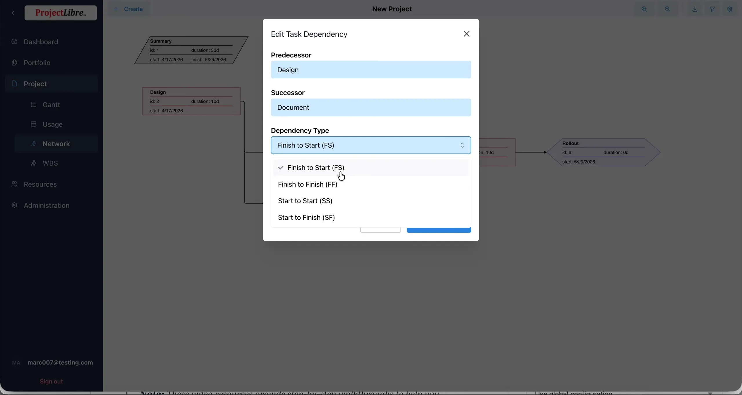 Edit Task Dependency type menu FS FF SS SF