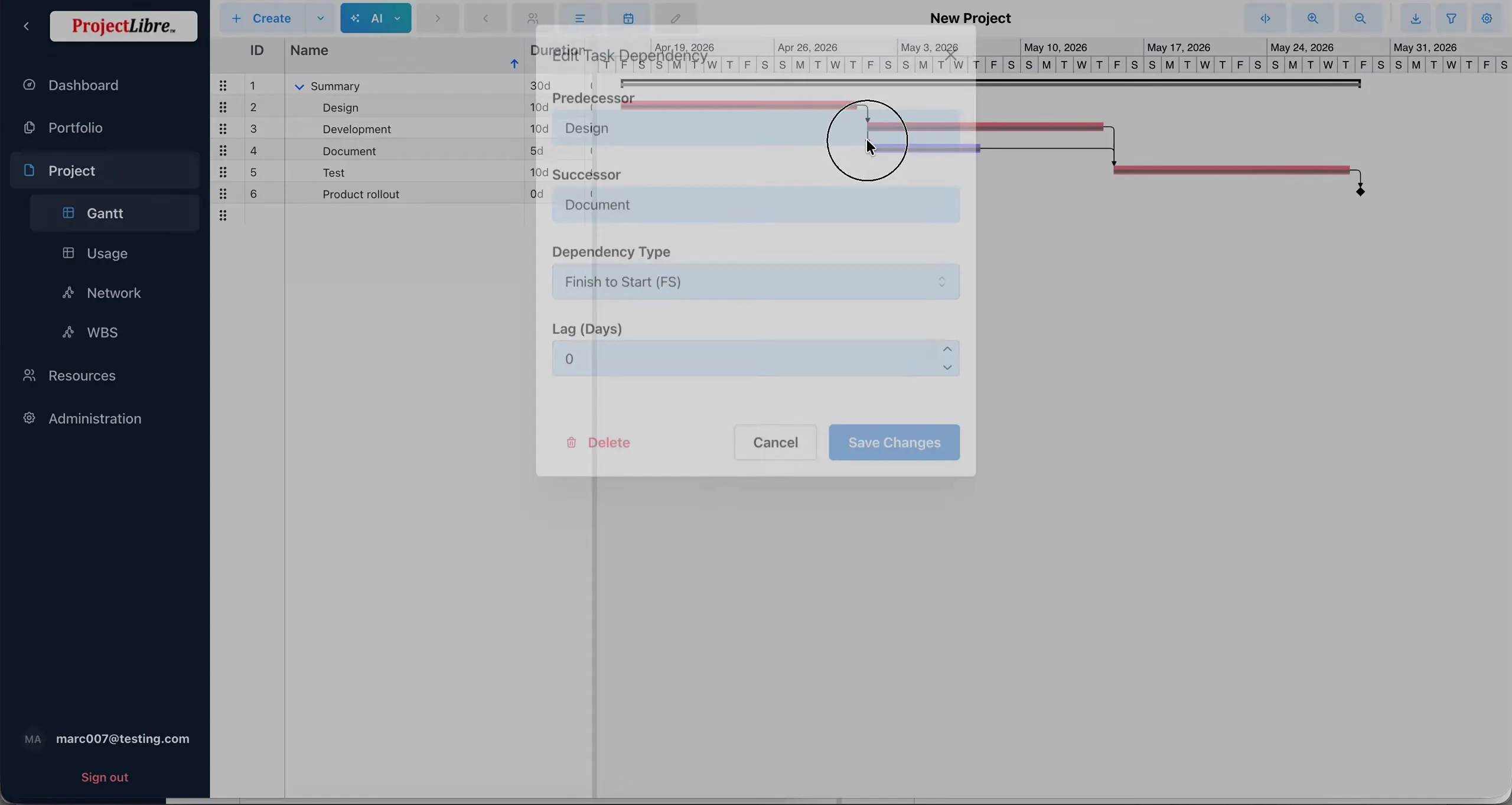 Edit Task Dependency dialog FS