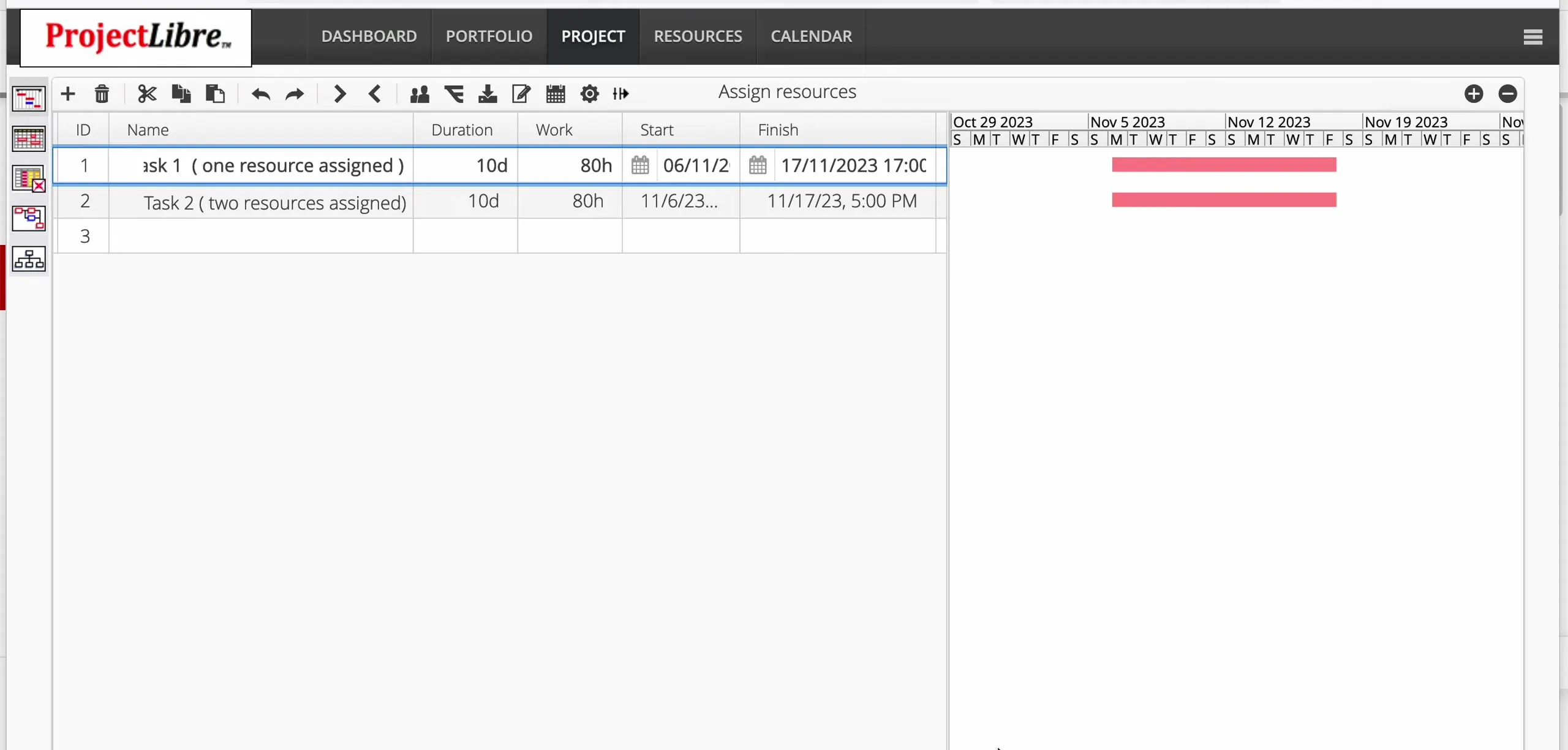 PROJECT Gantt with two 10-day 80-hour tasks before assignment