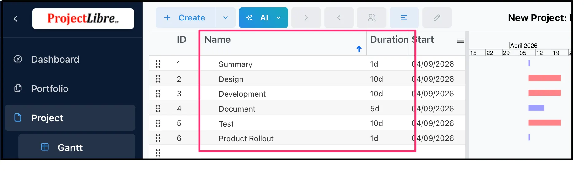 Task list entered in the Gantt spreadsheet, matching the example structure above