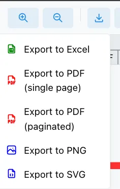 Export Data dialog with view, fields, and format options