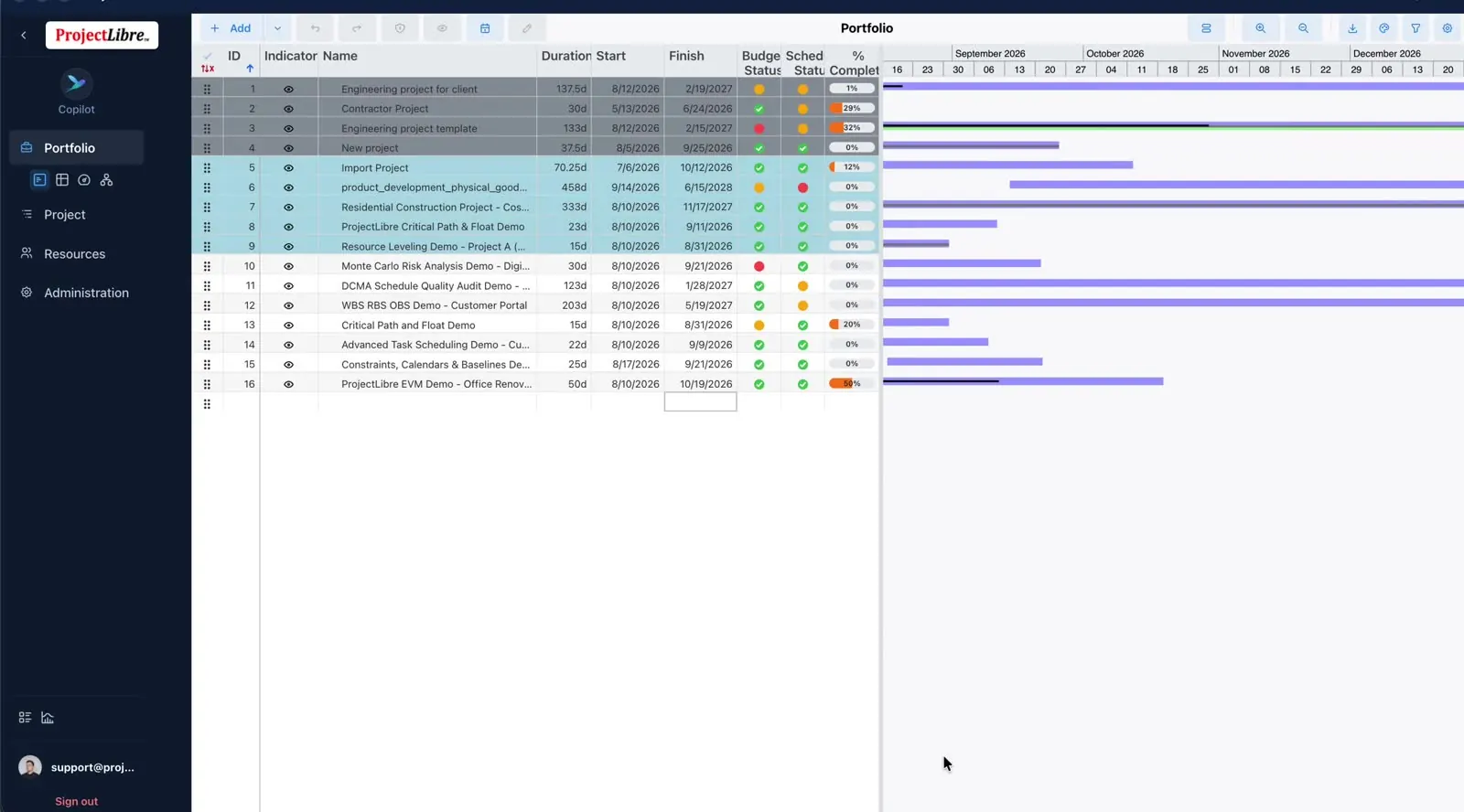 Portfolio spreadsheet columns and status dots