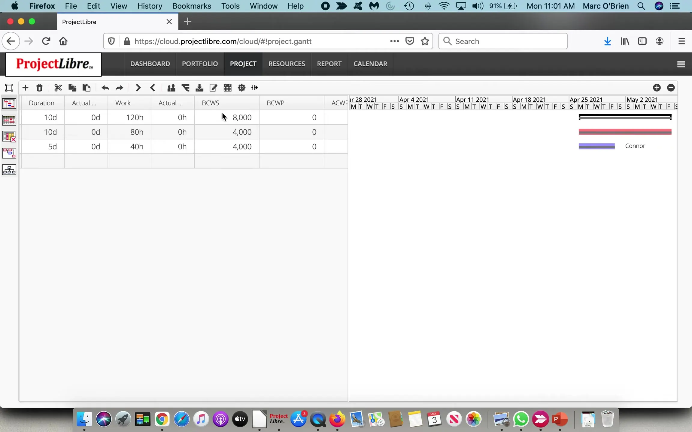 ProjectLibre Cloud Gantt spreadsheet BCWS BCWP ACWP columns