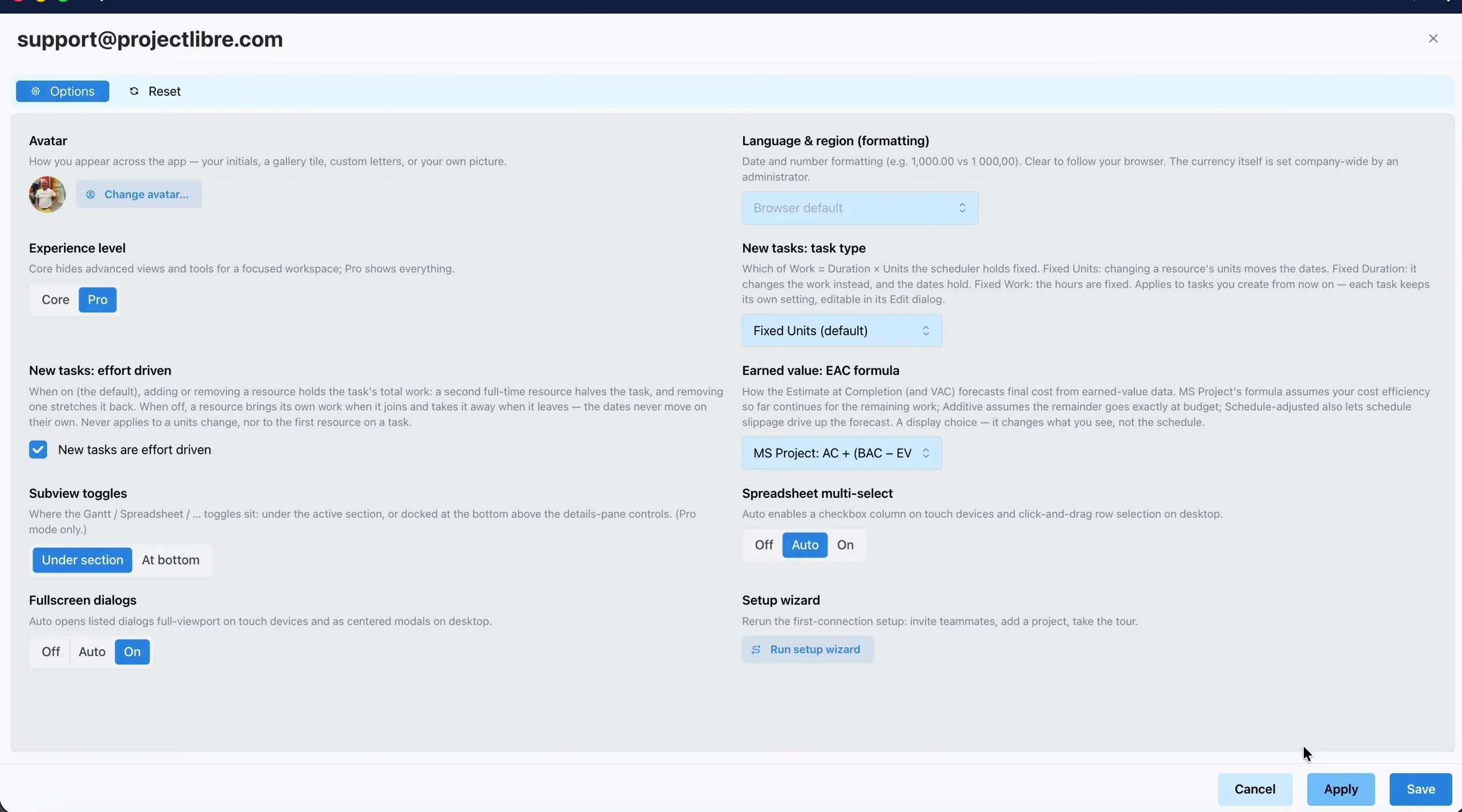 Options Experience level Pro selected near Apply