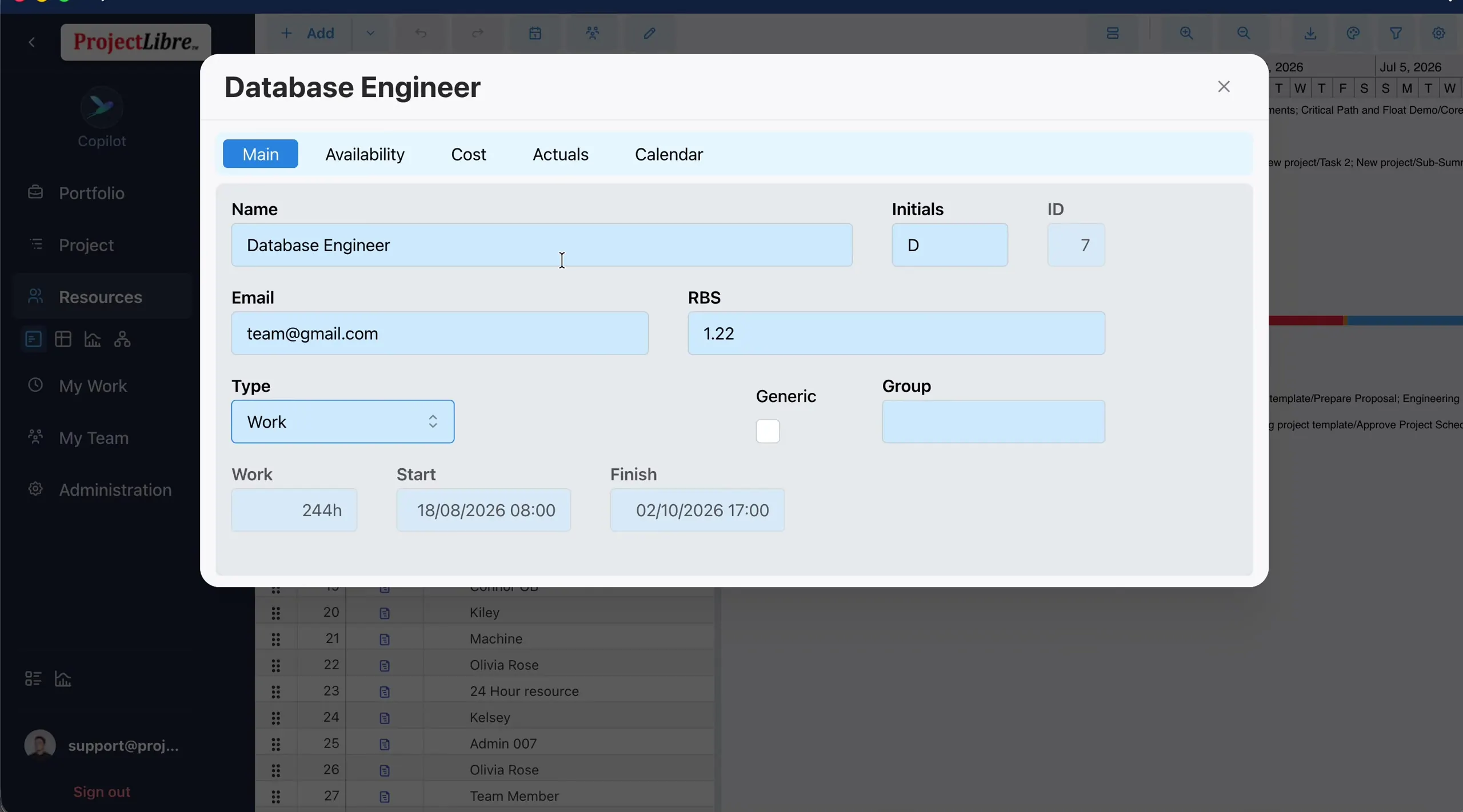Edit Resource Main tab for Database Engineer