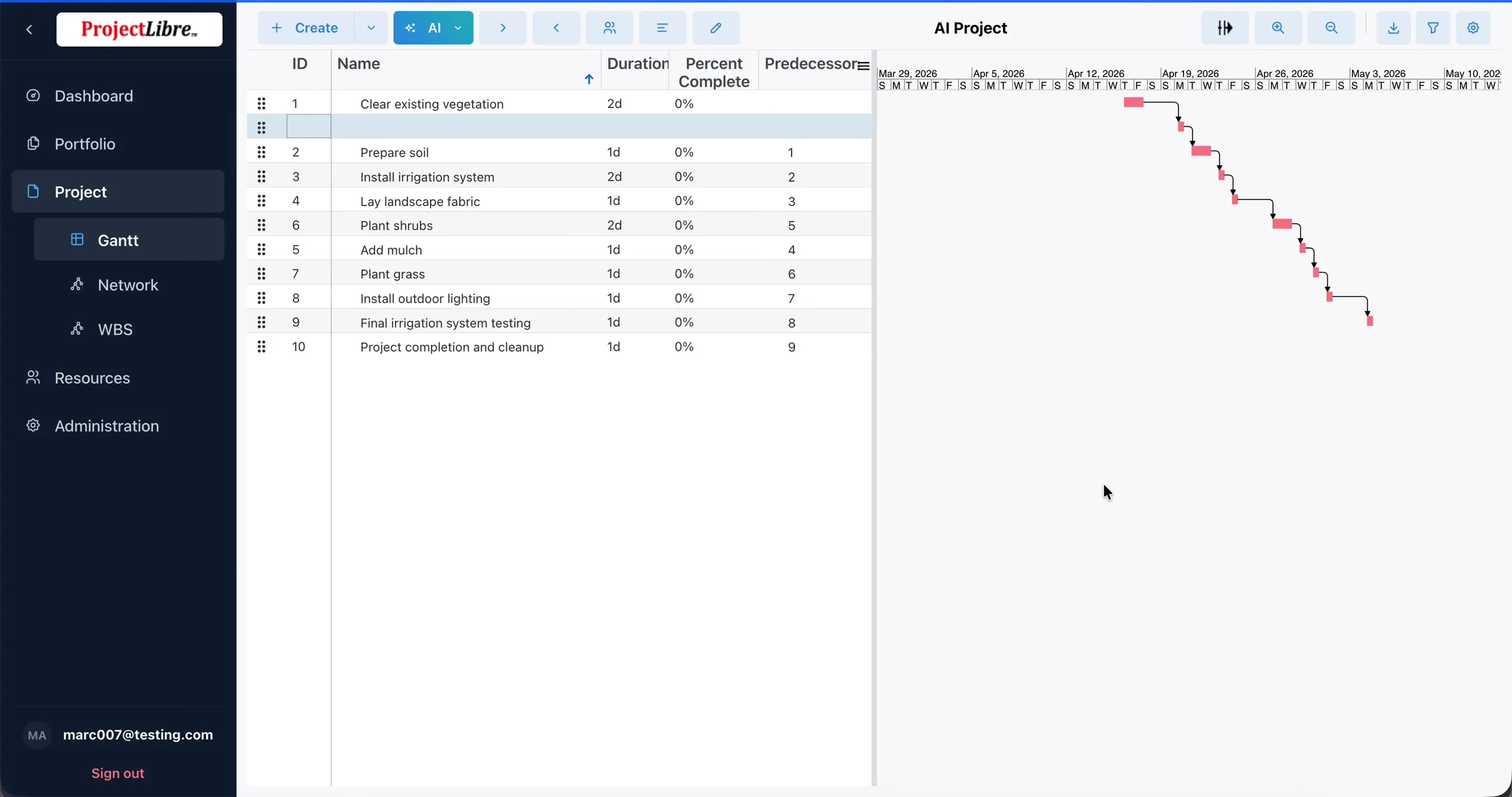 Generated English landscaping tasks on Gantt