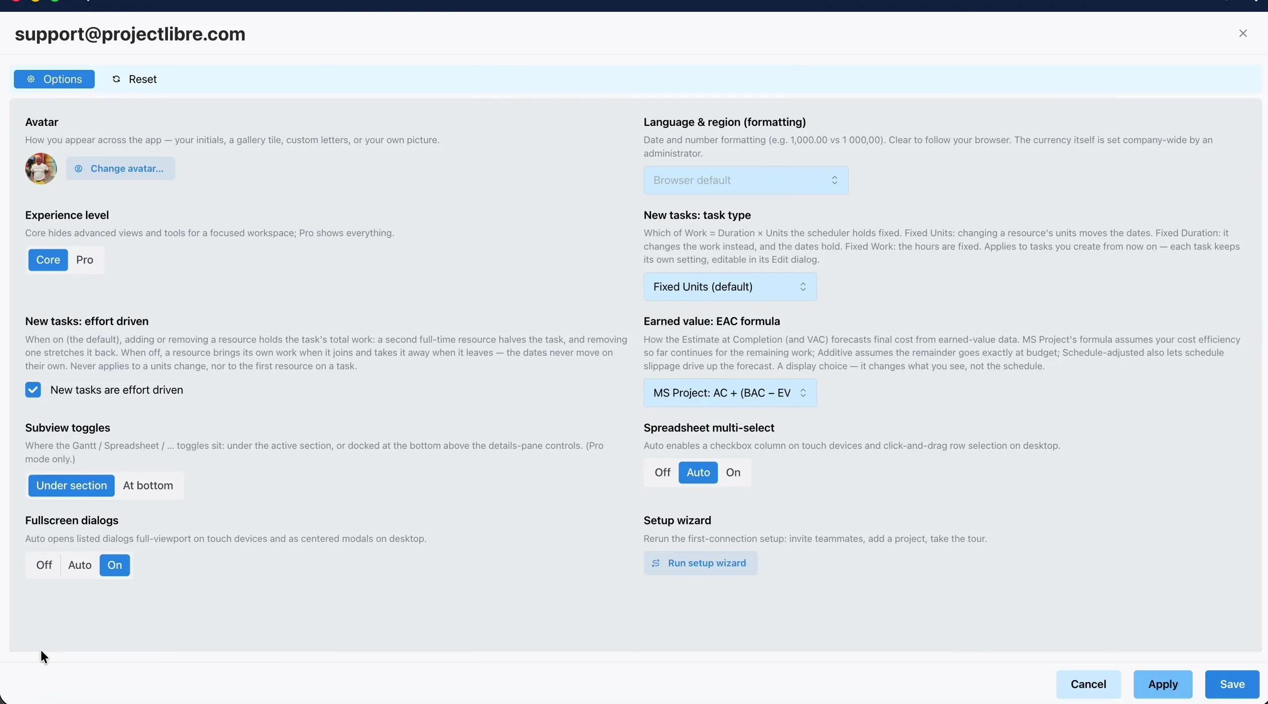Personal Options two-column settings panel