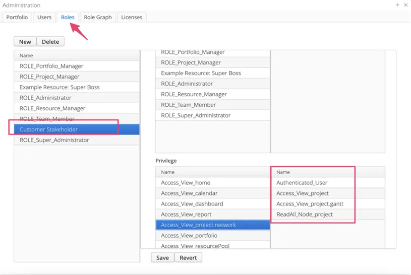 Roles tab: the Customer Stakeholder role and its privileges