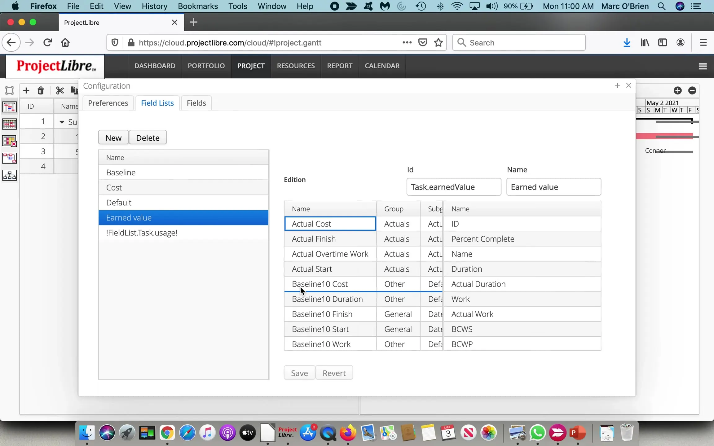 ProjectLibre Cloud Configuration Field lists Earned value with BCWS BCWP