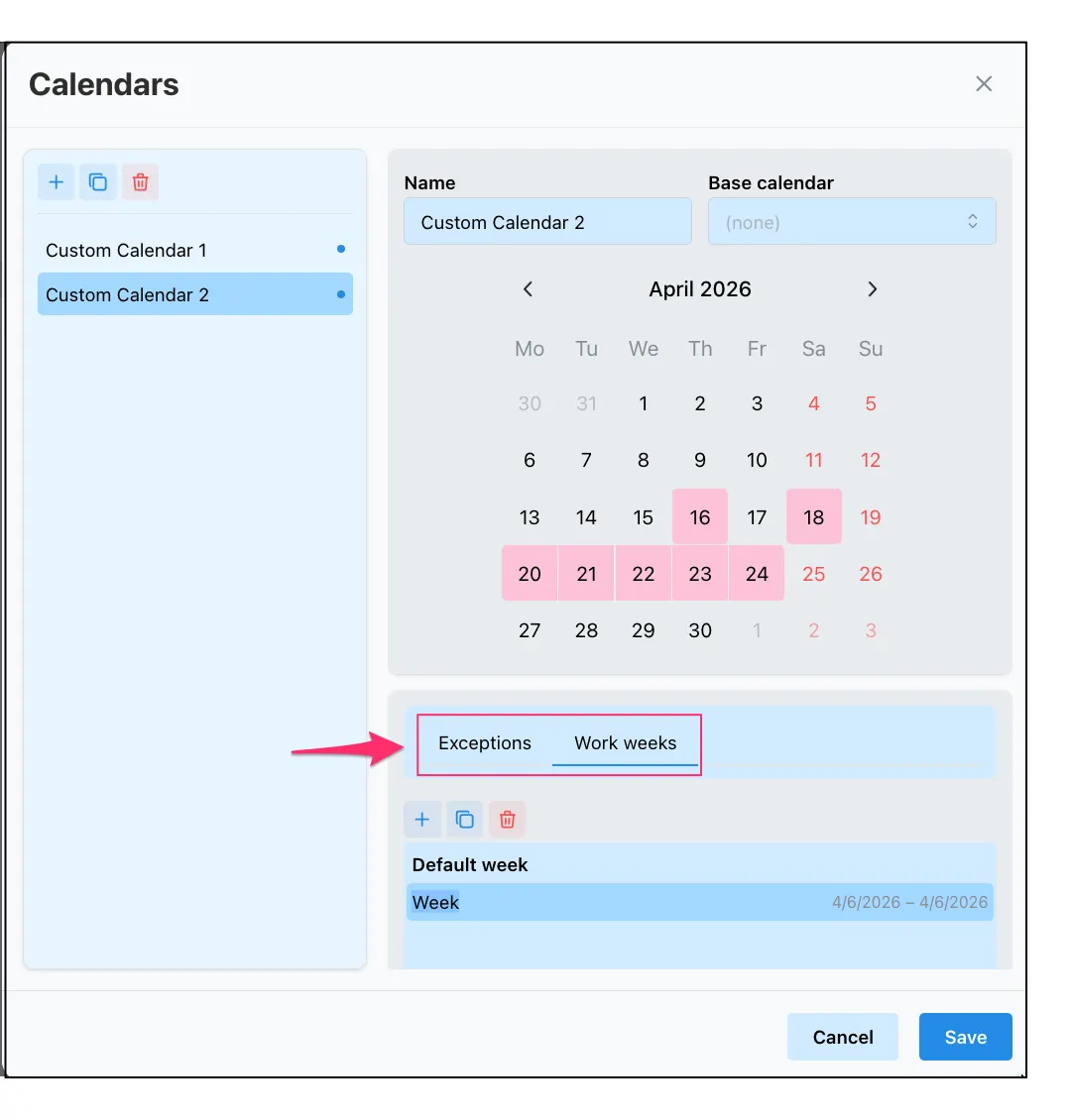 Calendars dialog, profile list