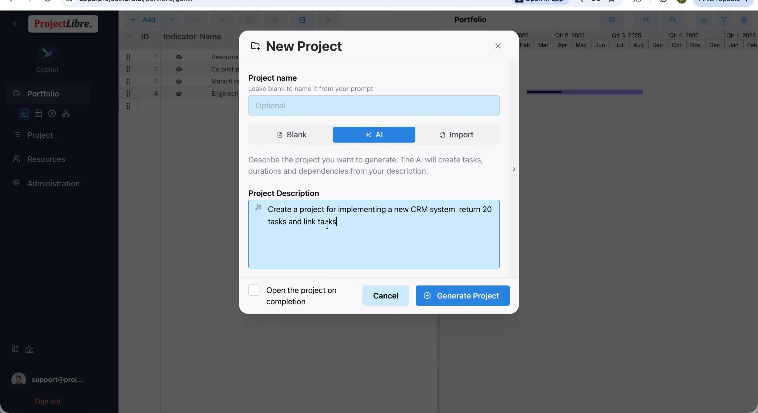 New Project AI mode — Project Description and Generate Project