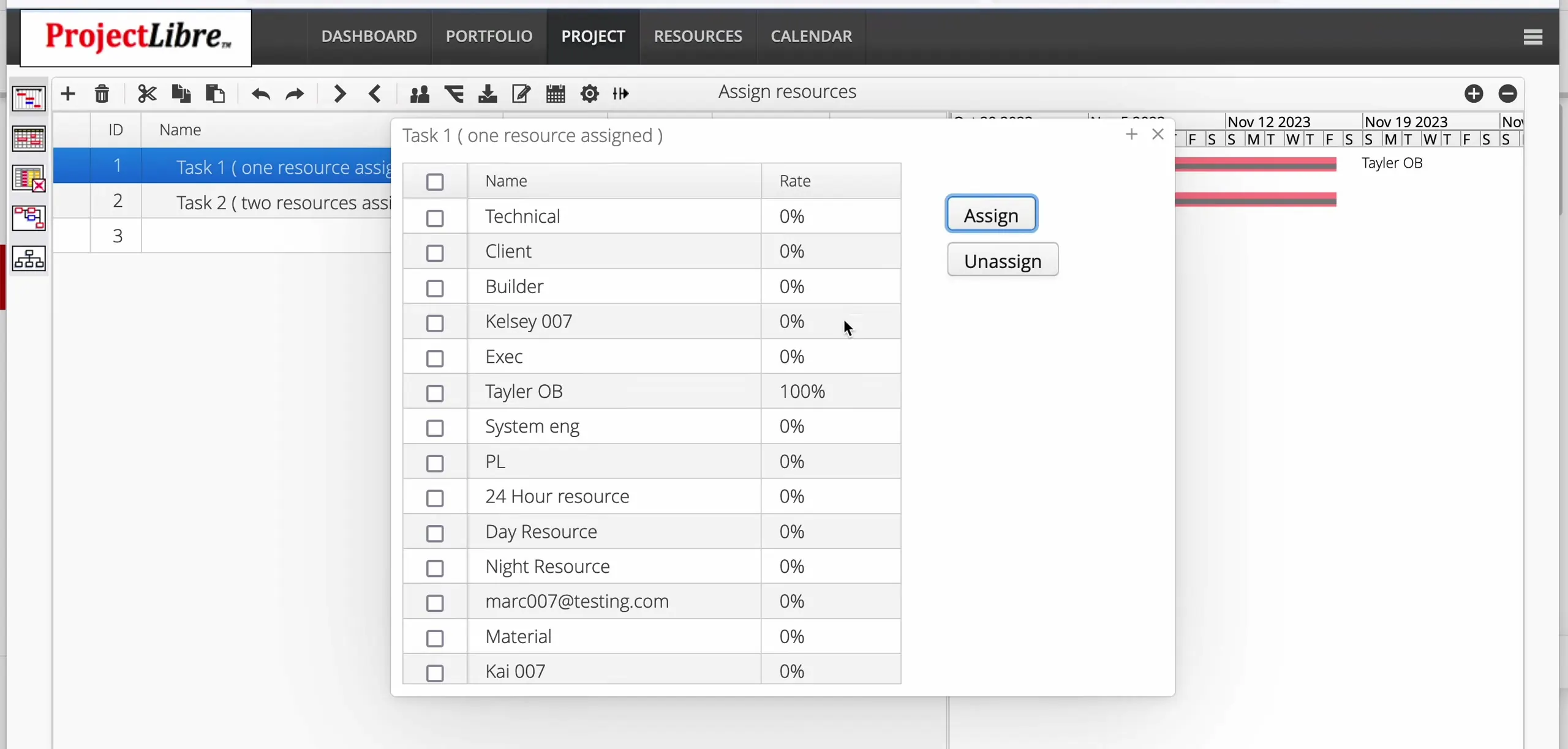 Assign resources dialog Task 1 Tayler OB at 100 percent