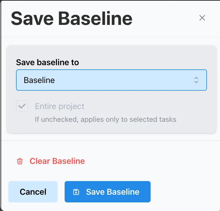 Baseline bars shaded on the Gantt chart