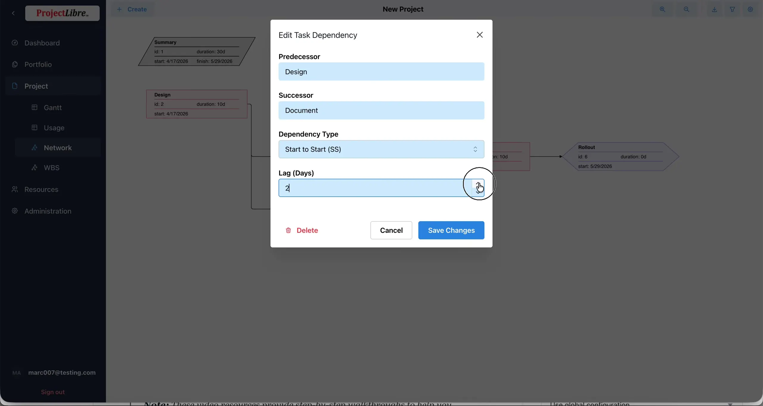 Edit Task Dependency Lag Days set to 2