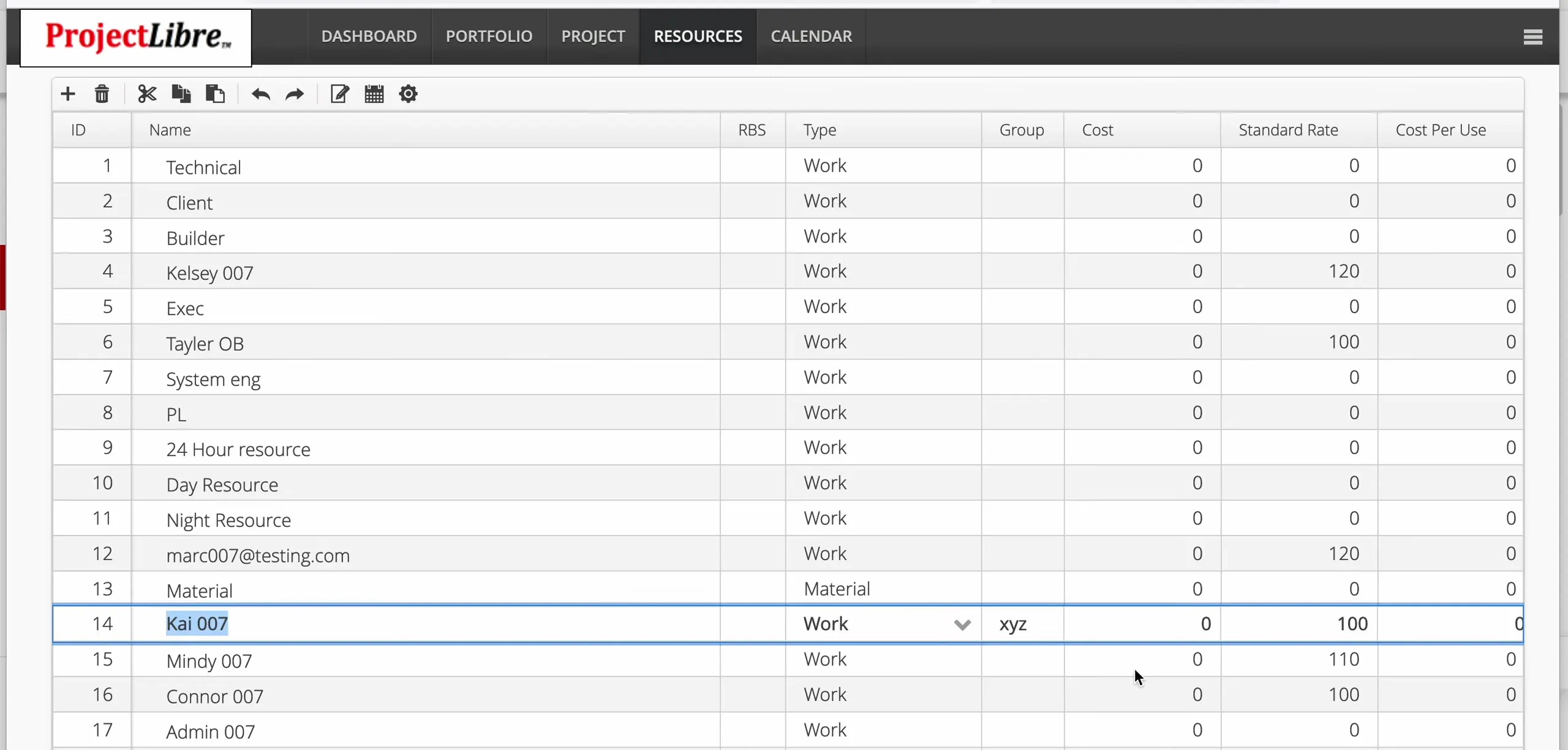 RESOURCES pool showing Kai 007 Standard Rate 100 and Material type