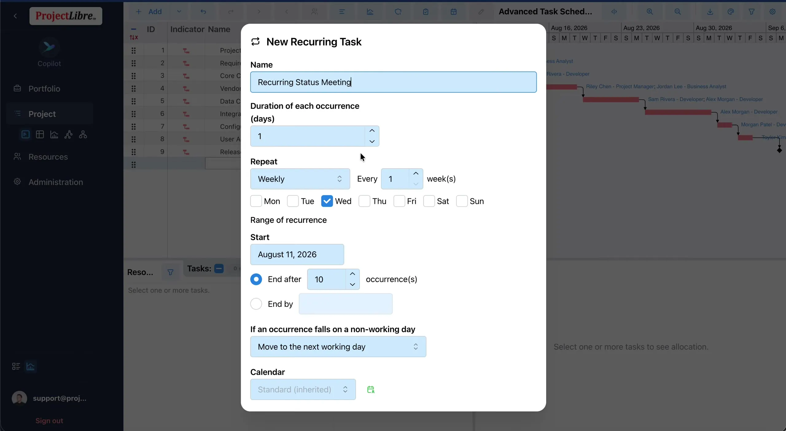 New Recurring Task dialog Weekly Wednesday