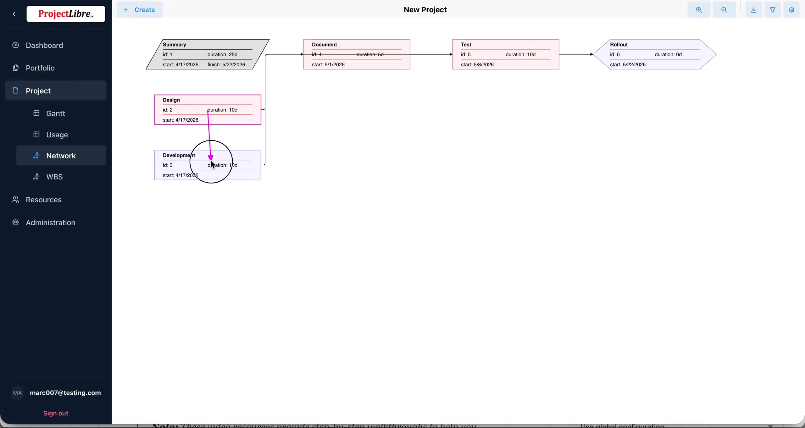 Drawing pink dependency arrow Design to Development