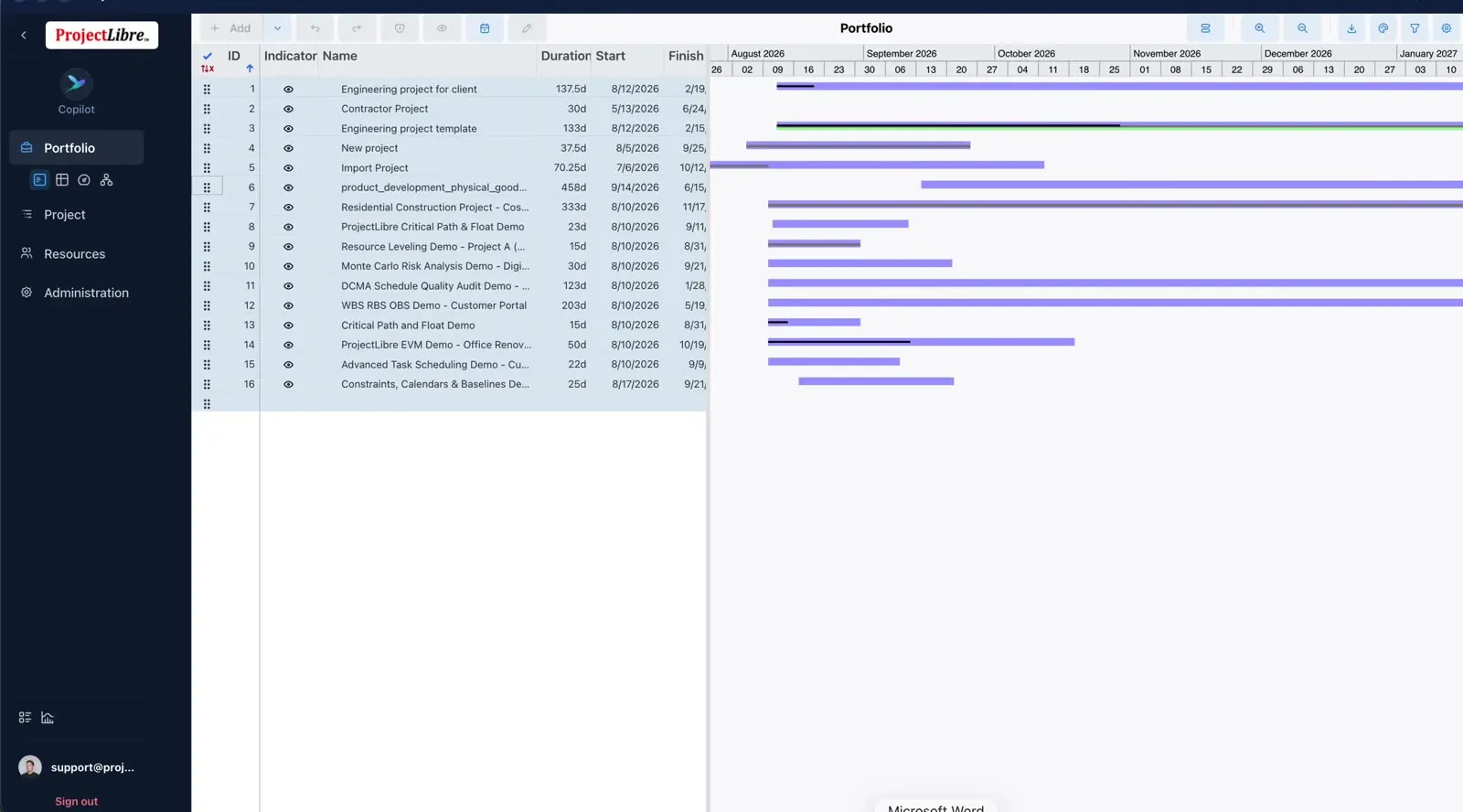 Portfolio Gantt timeline