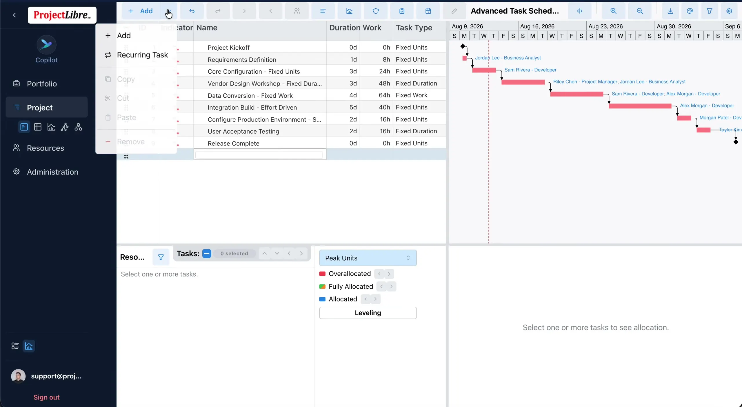 Add menu with Recurring Task option