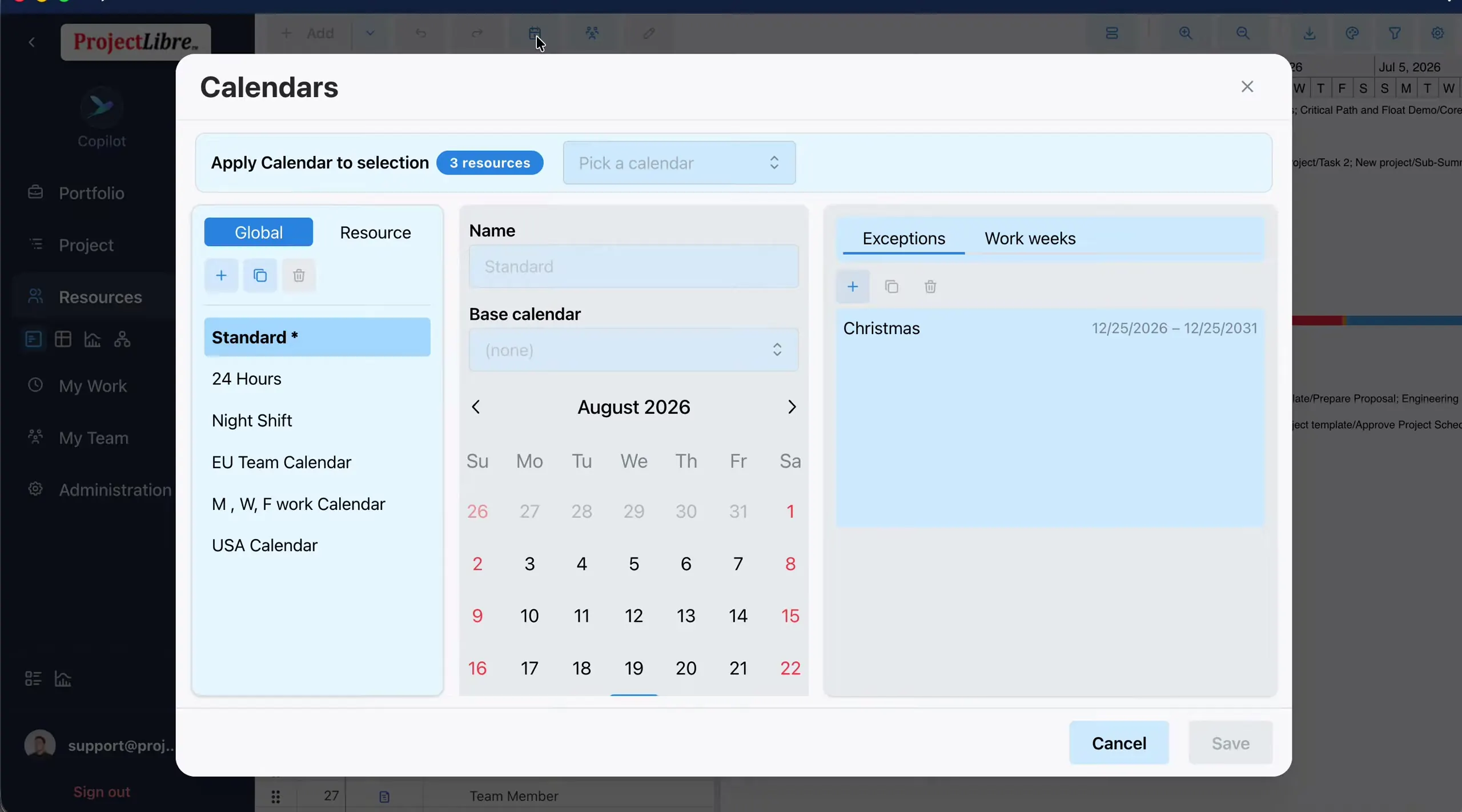 Calendars dialog Global list