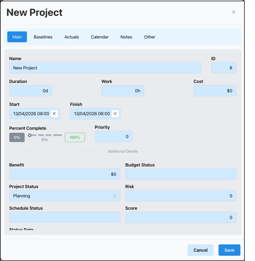Project Calendar setting in the Edit Project dialog